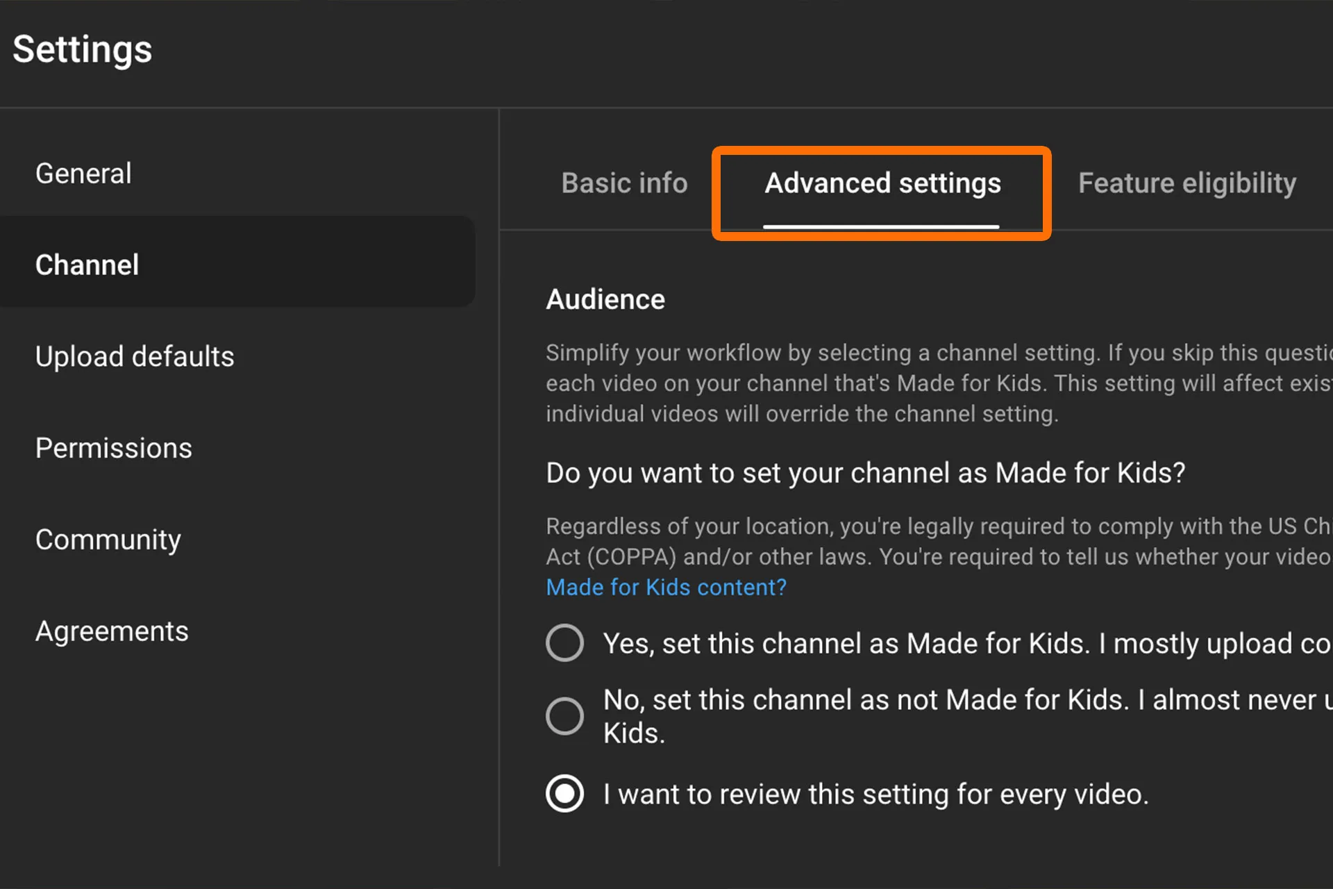 YouTube Studio Settings Advanced