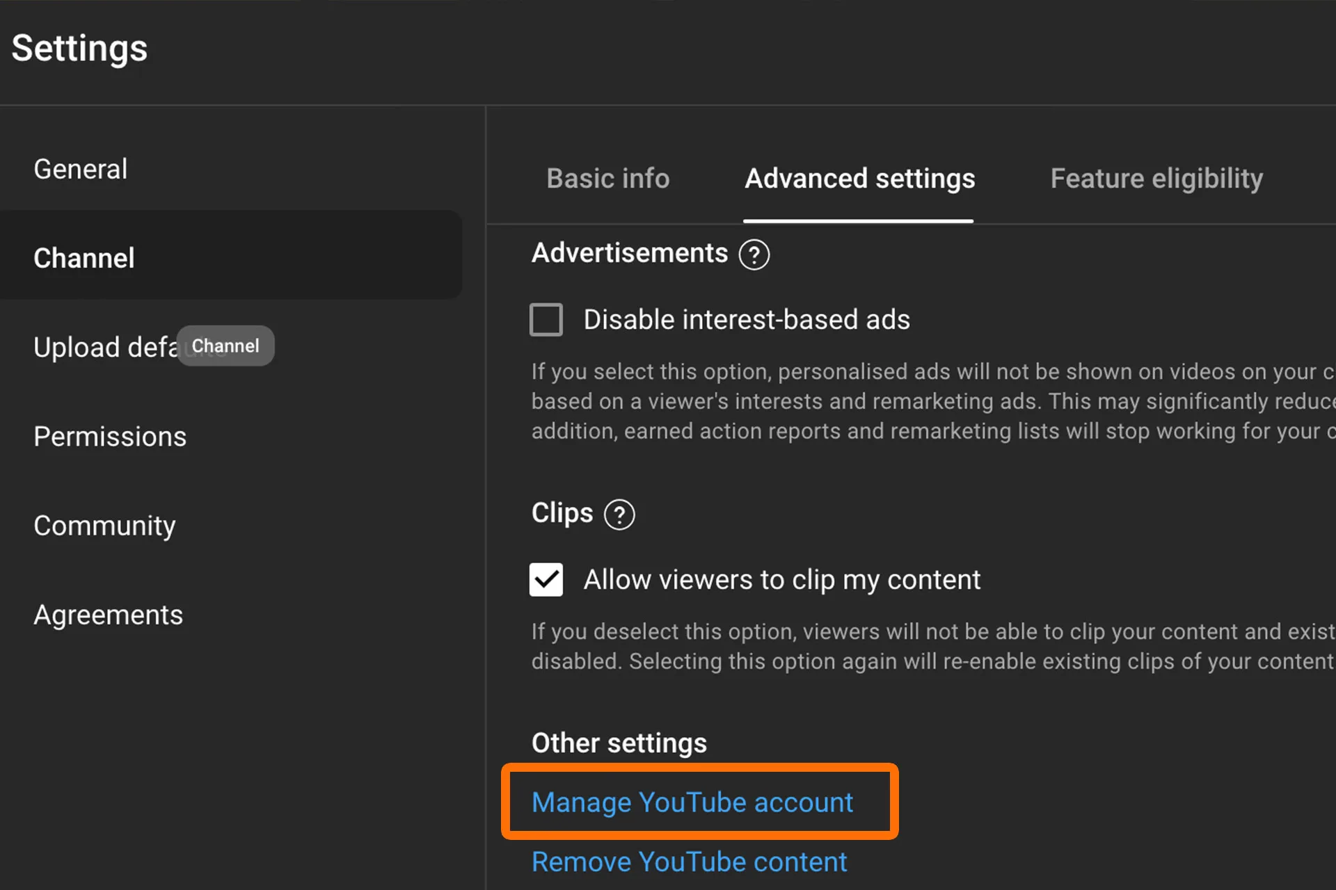 YouTube Studio Settings Manage